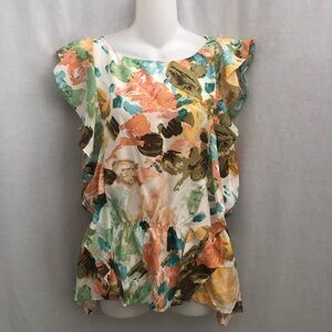 Sundance Silk Sleeveless Blouse Watercolor Ruffle Trim Pullover Small